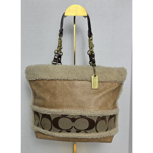 Coach Whiskey Leather and Shearling Signature tote F06S-10393 - Picture 1 of 5